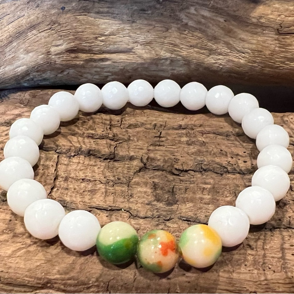 New White Jade & White Faceted Agate Bracelet Natural Stone Beaded Stretchy 8mm